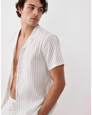 South Beach Striped Short Sleeve Linen Look Beach Shirt - White