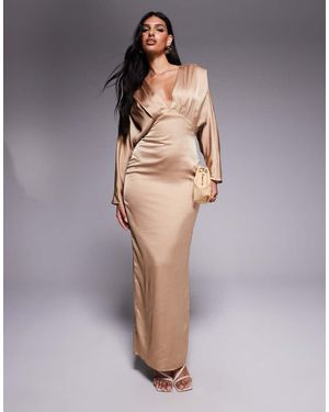 TFNC London Vestido Largo Marrón Moca Con Mangas Estilo Kimono De Satén De - Gris