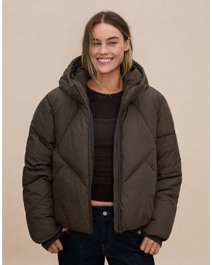 Bershka Hooded Puffer Jacket - Brown