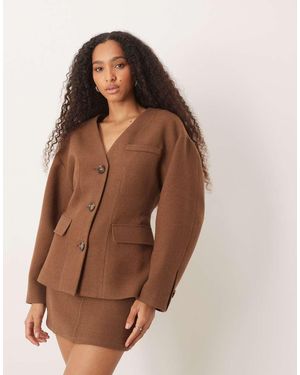 Pretty Lavish Collarless Cinched Tailored Jacket Co-ord - Brown