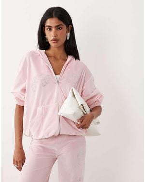 I.AM.GIA Daria Velour Diamante Logo Detail Zip Through Hoodie Co-ord - Pink