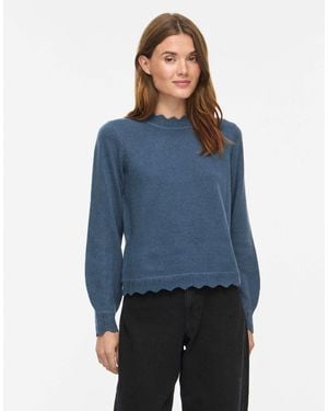 Vila Nikolina geripptes stretch-strickoberteil mit rundhalsausschnitt und hohem kragen - Blau