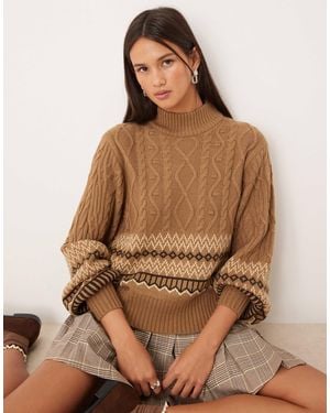 Threadbare Chunky Turtleneck Sweater With Fairisle Design - Brown