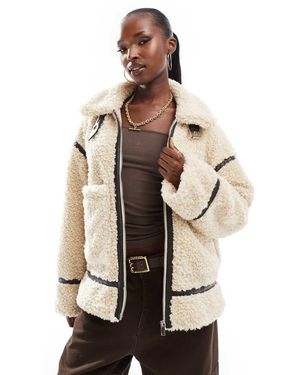 In The Style Oversized Pocket Faux Shearling Borg Coat - Natural