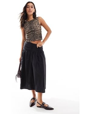 Pull&Bear Ruched Poplin Midi Skirt - Black
