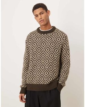 SELECTED Wool Blend Knitted Jumper With Geo Print - Brown