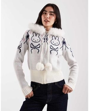 Daisy Street X Miffy Zip Up Knit Cardigan With Pom Poms - Grey