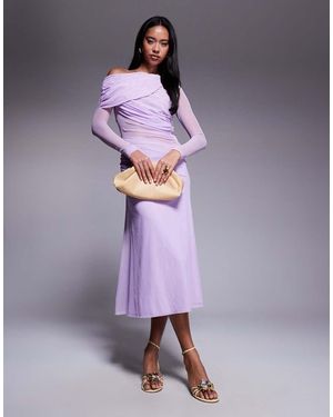 ASOS Long Sleeve Slouchy Bardot Mesh Mix Maxi Dress - Purple