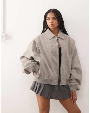 Lioness Exclusive Vista Leather Look Contrast Stitch Bomber Jacket - Grey