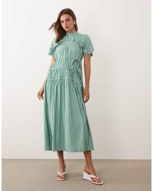 Ghospell Drawstring Detail Puff Sleeve Midi Dress - Green