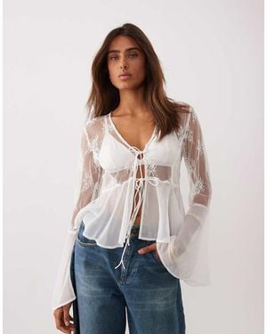 Miss Selfridge Lace Chiffon Mix Ruffle Trim Tie Front Blouse - White