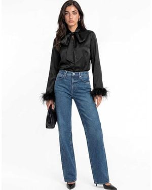 Lovedrobe Pussybow Collar Feather Cuffs Button Up Satin Blouse - Blue
