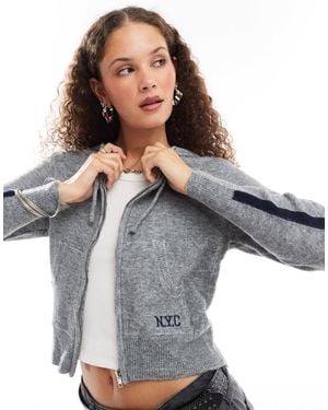 Daisy Street 90s Zip Up Fitted Hoodie With Navy Side Stripes - Gray