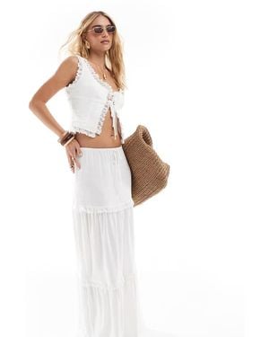 The Frolic Exclusive Linen Blend Tiered Lace Frill Tie Waist Maxi Skirt Co-ord - White