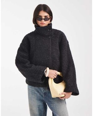 Object Premium Funnel Neck Wool Blend Short Borg Coat - Blue
