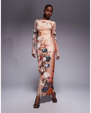 AFRM Geruite Maxi-Jurk Met Ronde Hals, Lange Mouwen En Kattenprint - Meerkleurig