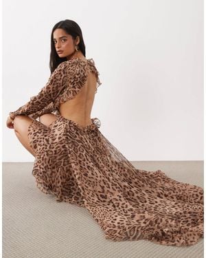The Dolls House Premium Chiffon Cut Out Ruffle Trim High Low Maxi Dress - Brown