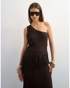 TOPSHOP Knitted One Shoulder Tape Yarn Co-Ord Fringing Top - Black
