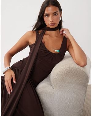 ASOS Slinky Maxi Dress With Scarf And Trim Detail - Brown