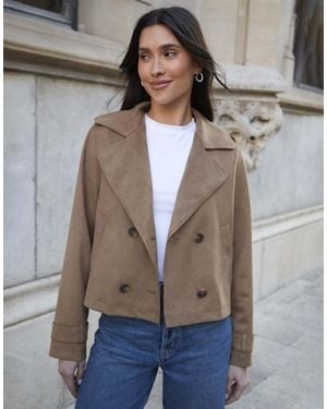 Threadbare Suedette Cropped Trench Coat - Natural