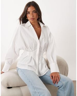 Kaiia Cinch Waist Button Up Balloon Sleeve Cotton Shirt - White