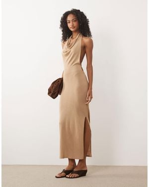 Miss Selfridge Halterneck Knitted Glitter Maxi Dress - Natural