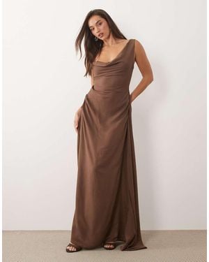 Missy Empire Satin Asymmetric Shoulder Detail Drape Ruched Side Maxi Dress - Brown