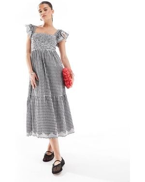 New Look Gingham Frill Sleeve Tiered Midi Dress - White