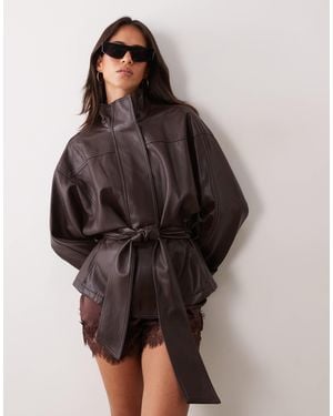 Mango Faux Leather Tie Waist Jacket - Brown