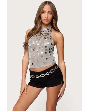 Edikted Shiny Sequin Backless Halter Top - Metallic