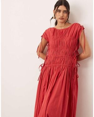 ARRANGE Clean Cotton Drawstring Detail Trapeze Midi Dress With Pockets - Red