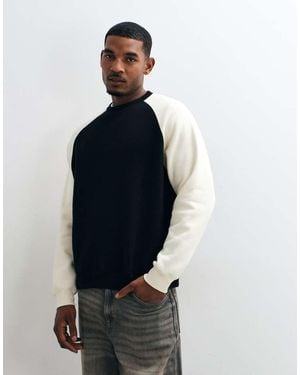 ASOS Sudadera Holgada Negra Con Manga Raglán Y Cuello Redondo En Contraste Blanco - Azul