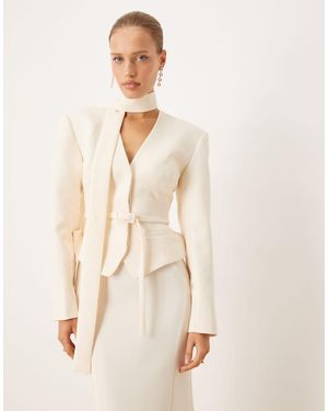 ASOS Strong Shoulder Blazer Co-Ord With Neck Scarf Detail - Natural