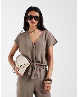 ONLY Linen Mix Tie Front Sleeveless Top - Brown