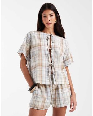 Daisy Street Blusa Squadrata Marrone E A Quadri Allacciata Sul Davanti - Bianco