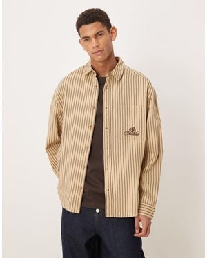ASOS Oversized Striped Shirt With Chest Embroidery - Natural