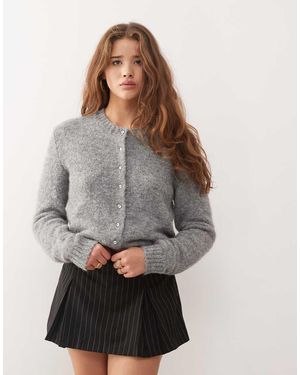Monki Wool Blend Rhinestone Button Front Cardigan - Grey