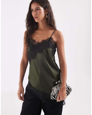 ONLY Asymmetric Lace Trim Satin Top - Black