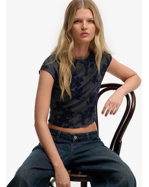 Superdry – kurzärmliges oberteil aus beflocktem netzstoff - Schwarz