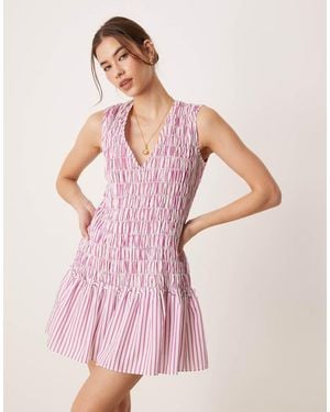 Glamorous V-Neck Shirred Mini Dress - Pink