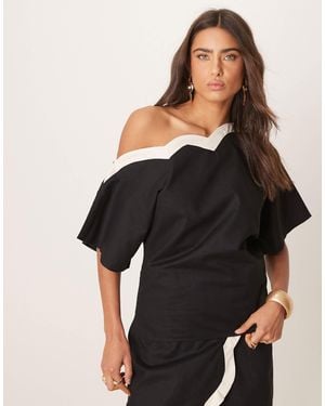 Never Fully Dressed Contrast Off Shoulder Asymmetrical Top Co-Ord - Black