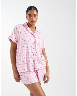 Loungeable Curve Pink Check Supersoft Jersey Short Sleeve Shirt & Shorts Pyjama Set