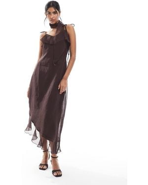 Vero Moda Chiffon Asymmetric Hem Ruffle Dress With Scarf Detail - Brown