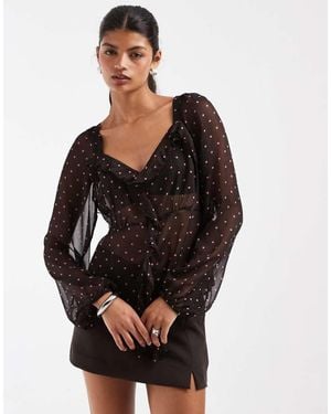 Pieces Blusa De Gasa De Manga Larga Con Volantes Y Lunares Marrones-Marrón - Negro