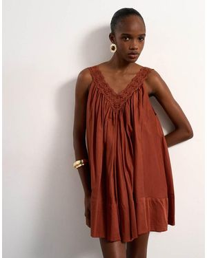 TOPSHOP Cotton Deep V Lace Trapeze Mini Dress - Brown