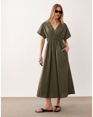Mango V Neck Cinched Waist Midi Dress - Green