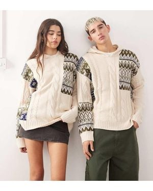 Collusion Unisex Spliced Fairisle Cable Knit Hoodie - Natural