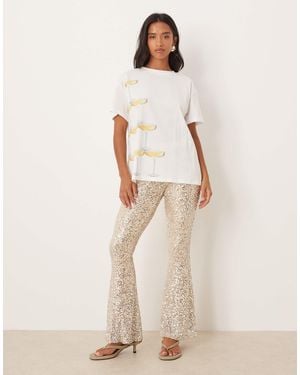 Never Fully Dressed Petite Sequin Flared Trouser Co-ord - Natural