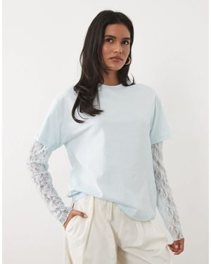Miss Selfridge Oversized Tshirt With Lace Sleeve - White