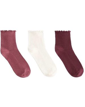 Oysho 3 Pairs Of Cotton Blend Quarter Socks With Curled Edge - Red